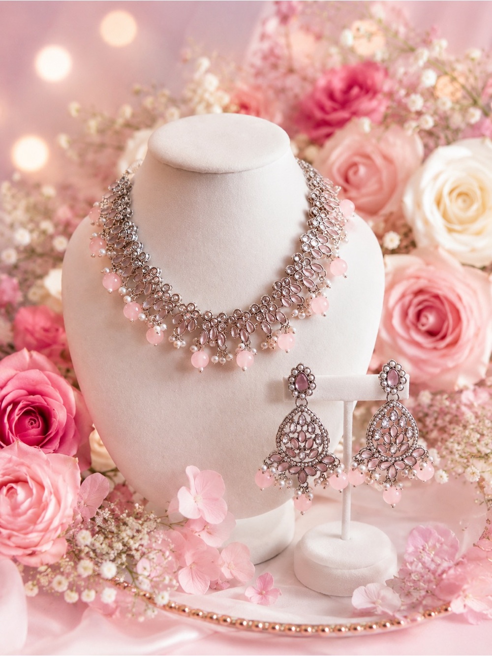 Elegant Pink Crystal Necklace and Earring Set by